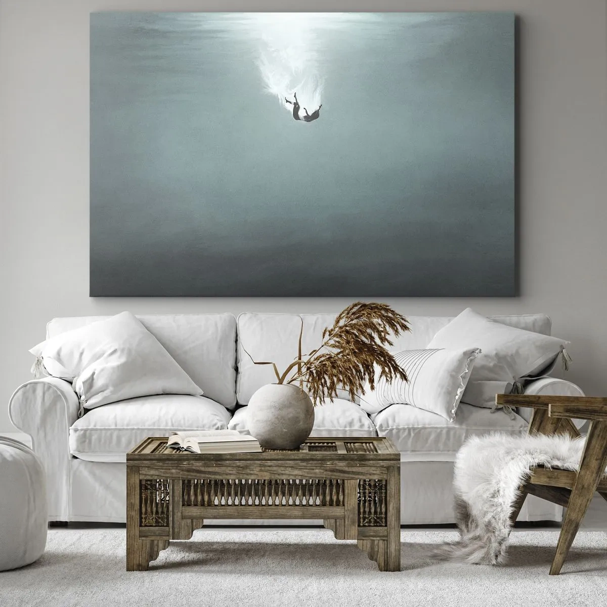 Canvastavla - Bild på duk - En figur nedsänkt i djupt, turkost vatten - 70x50cm - I havets famn - Modern väggdekoration för vardagsrum och sovrum ARTTOR