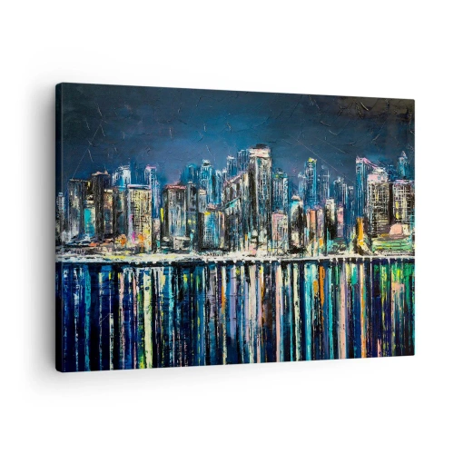 Canvastavla - Bild på duk - Panorama över nattstaden reflekterad i vattnet - 70x50cm - Ljuskaskad - Modern väggdekoration för vardagsrum och sovrum ARTTOR