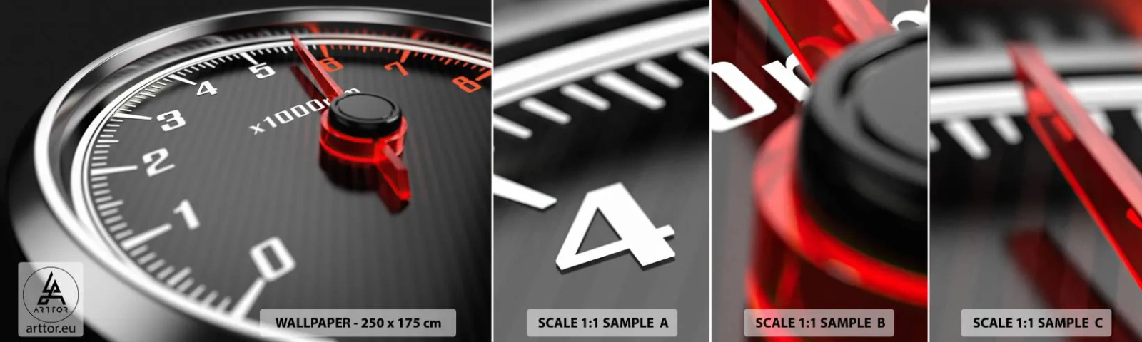 Fototapet Prov Standard Eco - Gasen i golvet - Bil, Hastighetsmätare, 3D - 100x30 cm