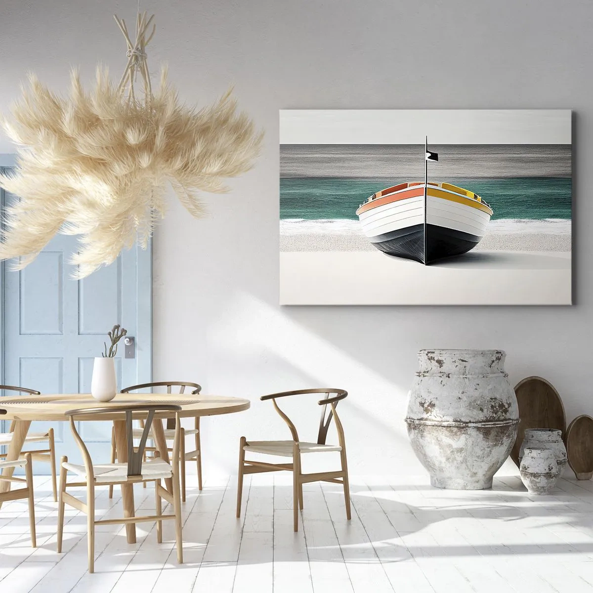Canvastavla - Bild på duk - En båt på stranden med ett turkost hav i bakgrunden - 70x50cm - På sin plats - Modern väggdekoration för vardagsrum och sovrum ARTTOR