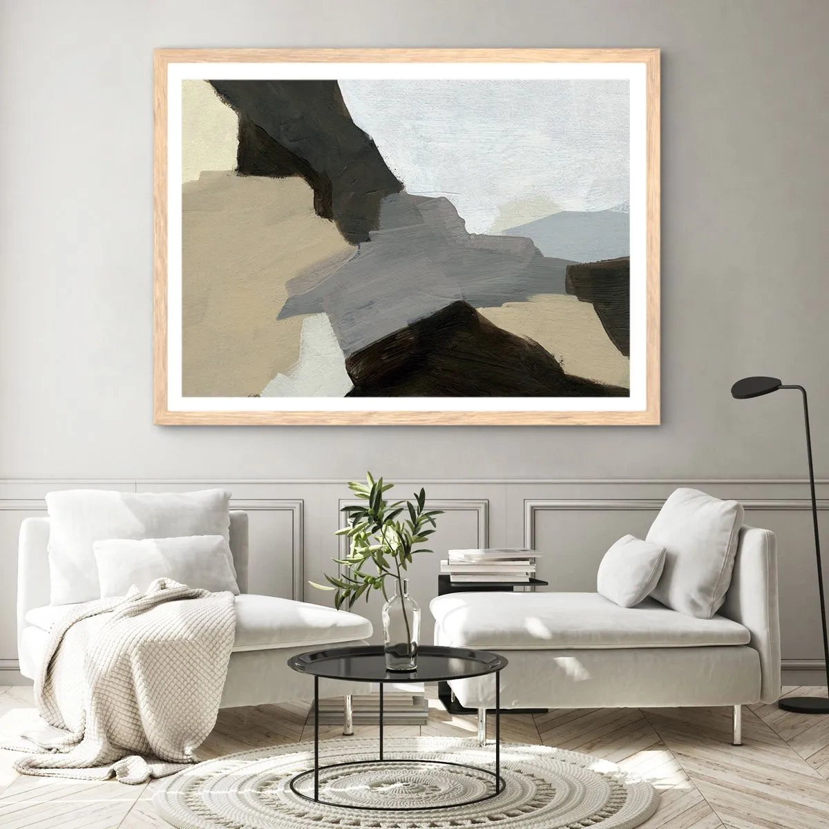 Affisch i ram av ljusek - Abstraktion: avgrening av det gråa - 100x70 cm