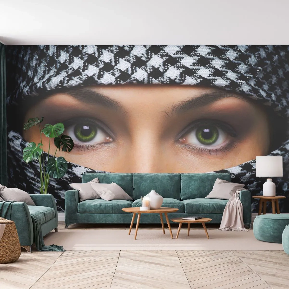 Fototapet Premium Canvas - Beslöjad grönögd skönhet - Kvinna, Ögon, Kultur - 250x175 cm