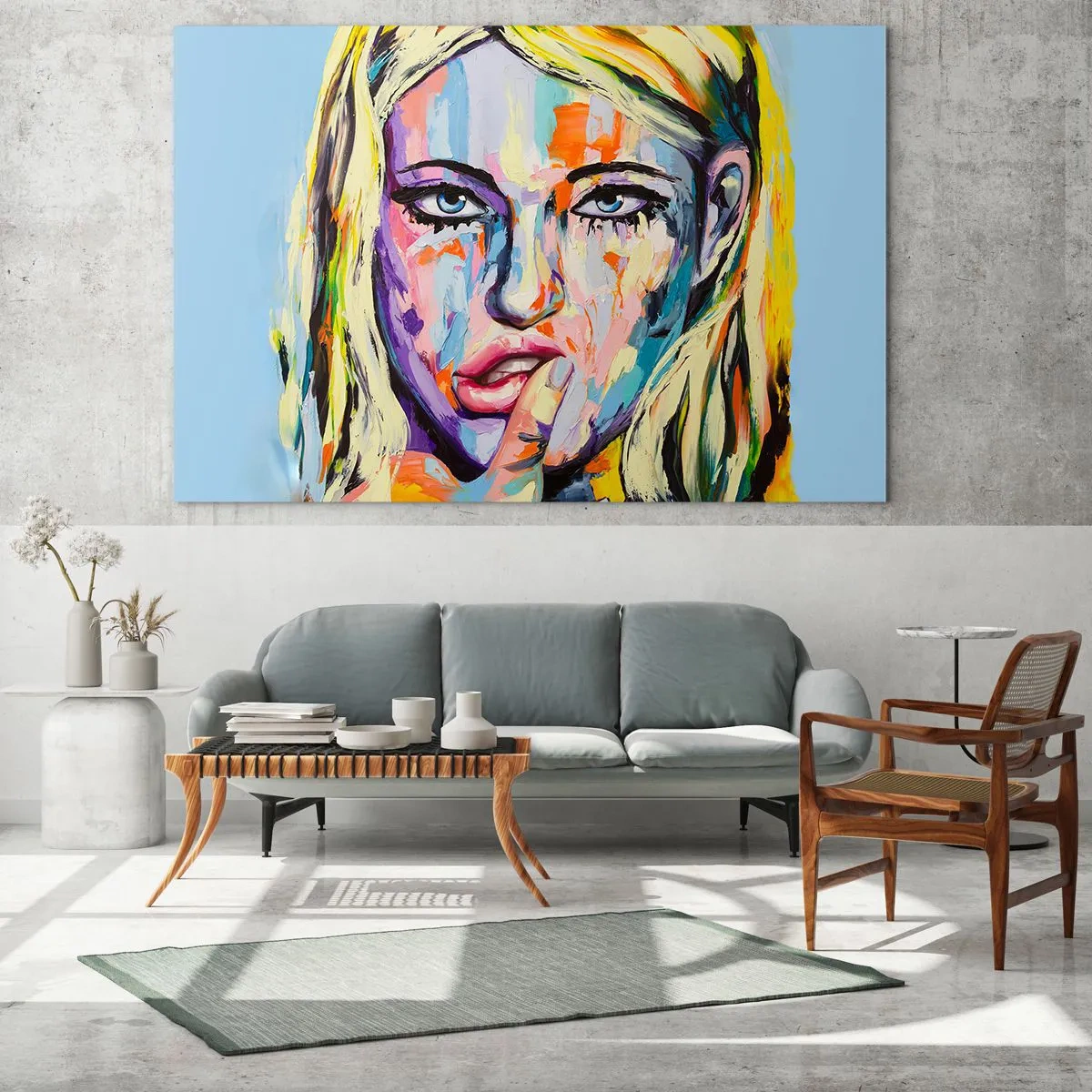 Glastavla - Bild på glas - Ett färgstarkt porträtt av en kvinna med ett eftertänksamt uttryck - 70x50cm - Titta henne rakt in i ögonen - Modern väggdekoration för vardagsrum och sovrum ARTTOR