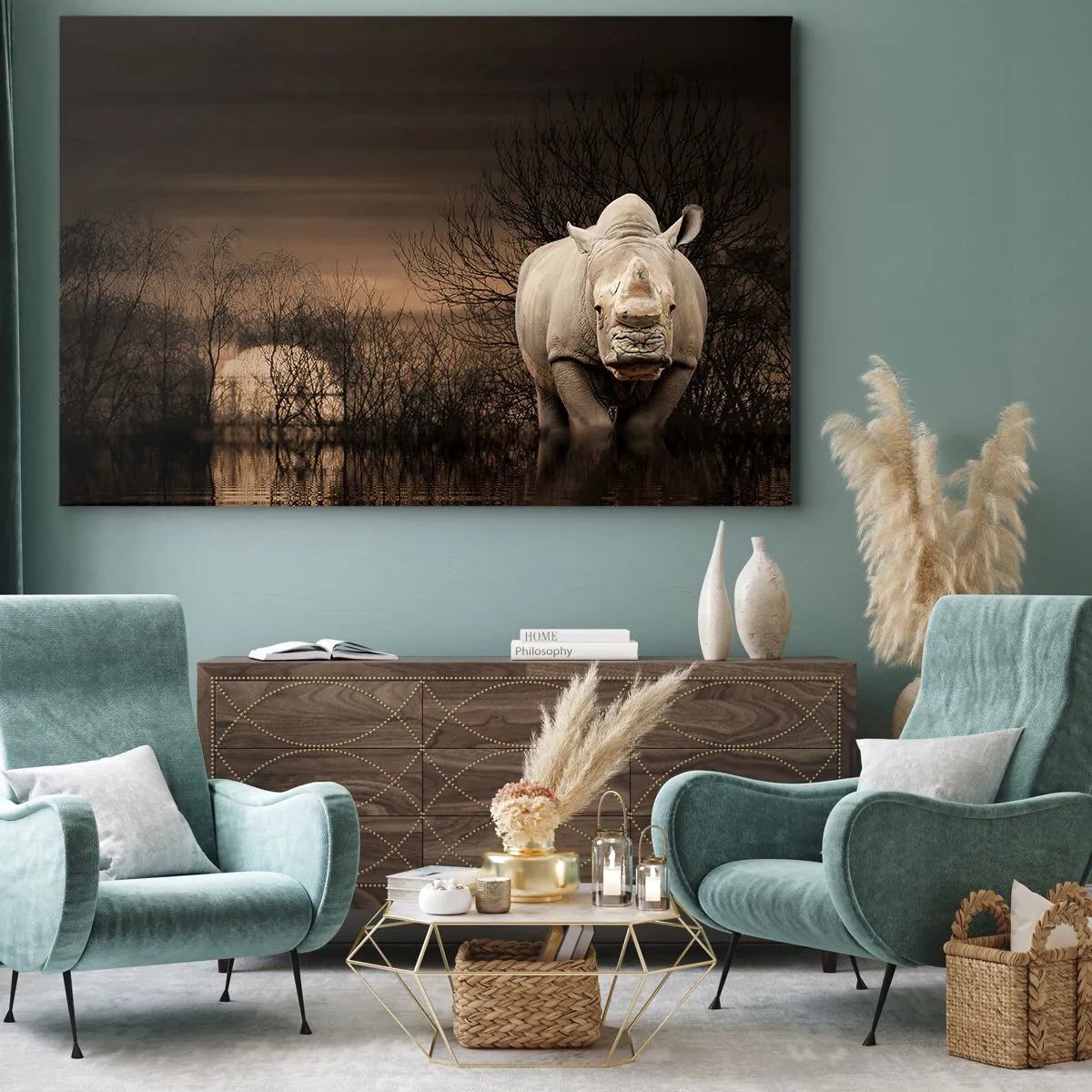 Canvastavla - Bild på duk - Noshörning bland träd vid solnedgången, vild natur. - 70x50cm - Vit mot naturen - Modern väggdekoration för vardagsrum och sovrum ARTTOR