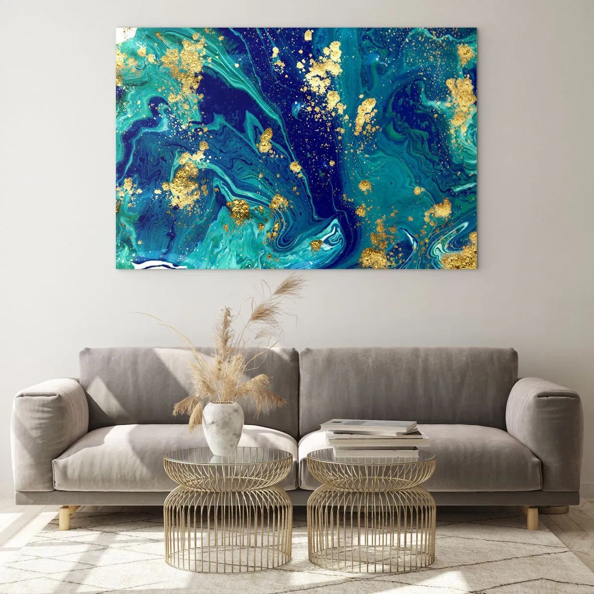 Glastavla - Bild på glas - Ett abstrakt mönster i nyanser av turkos och marinblått med gulddetaljer - 70x50cm - Solflingor - Modern väggdekoration för vardagsrum och sovrum ARTTOR