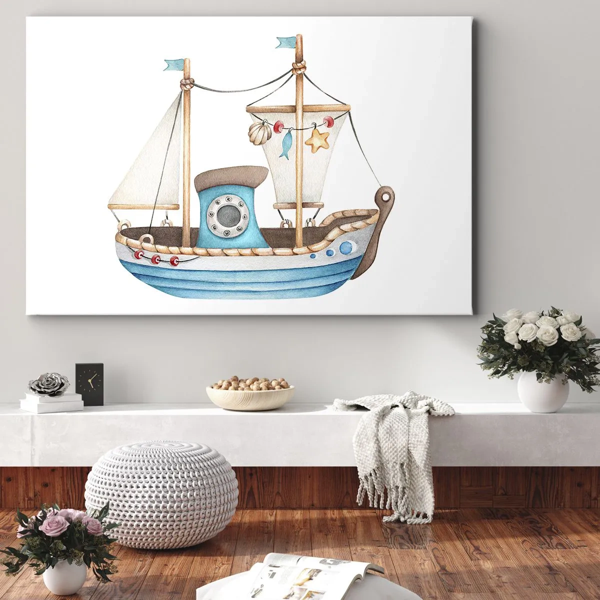 Canvastavla - Bild på duk - Illustration av ett skepp i pastellfärger på vit bakgrund - 70x50cm - Ohoj, äventyret! - Modern väggdekoration för vardagsrum och sovrum ARTTOR