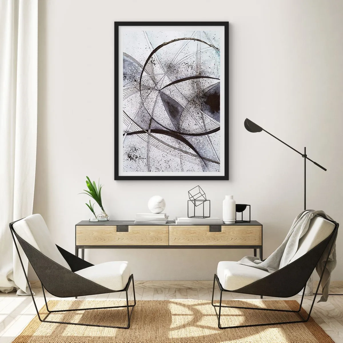 Affisch i svart ram - Abstrakt komposition av geometriska linjer och cirklar - 50x70cm - Futuristisk fantasi - Modern väggdekoration för vardagsrum och sovrum ARTTOR