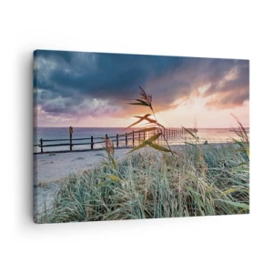 Canvastavla - Bild på duk - Strand vid solnedgången med gräs i förgrunden - 70x50cm - Försvinner inte med vinden - Modern väggdekoration för vardagsrum och sovrum ARTTOR