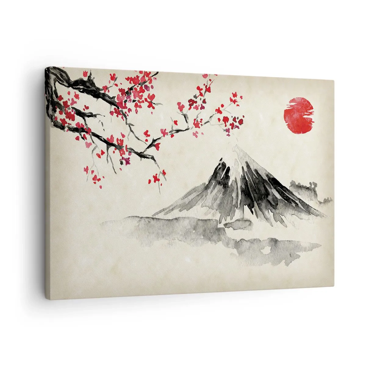 Canvastavla - Bild på duk - Ett pittoreskt landskap med ett berg, körsbärsblommor och solsken - 70x50cm - Bli kär i Japan - Modern väggdekoration för vardagsrum och sovrum ARTTOR