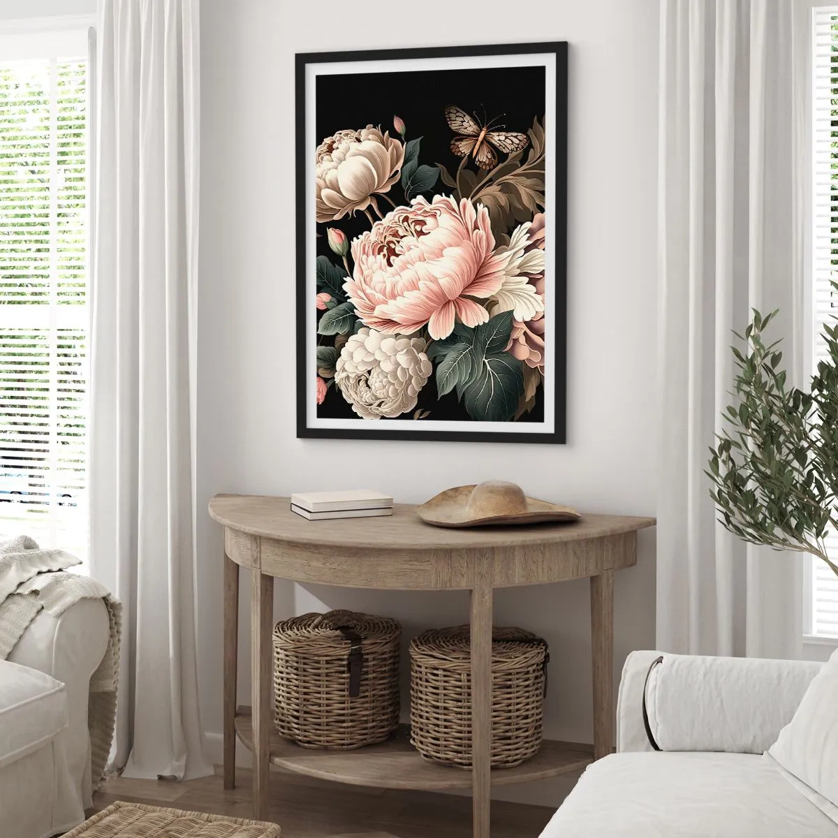 Affisch i svart ram - Eleganta pioner och en fjäril på svart bakgrund - 50x70cm - I barockstil - Modern väggdekoration för vardagsrum och sovrum ARTTOR