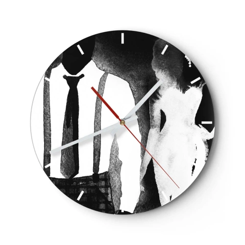 Väggklocka - Klocka på glas - Silhuetter av en kvinna och en man i en svartvit noir-atmosfär - 30x30cm - Noir stämning - Modern väggdekoration för vardagsrum, kök och sovrum ARTTOR