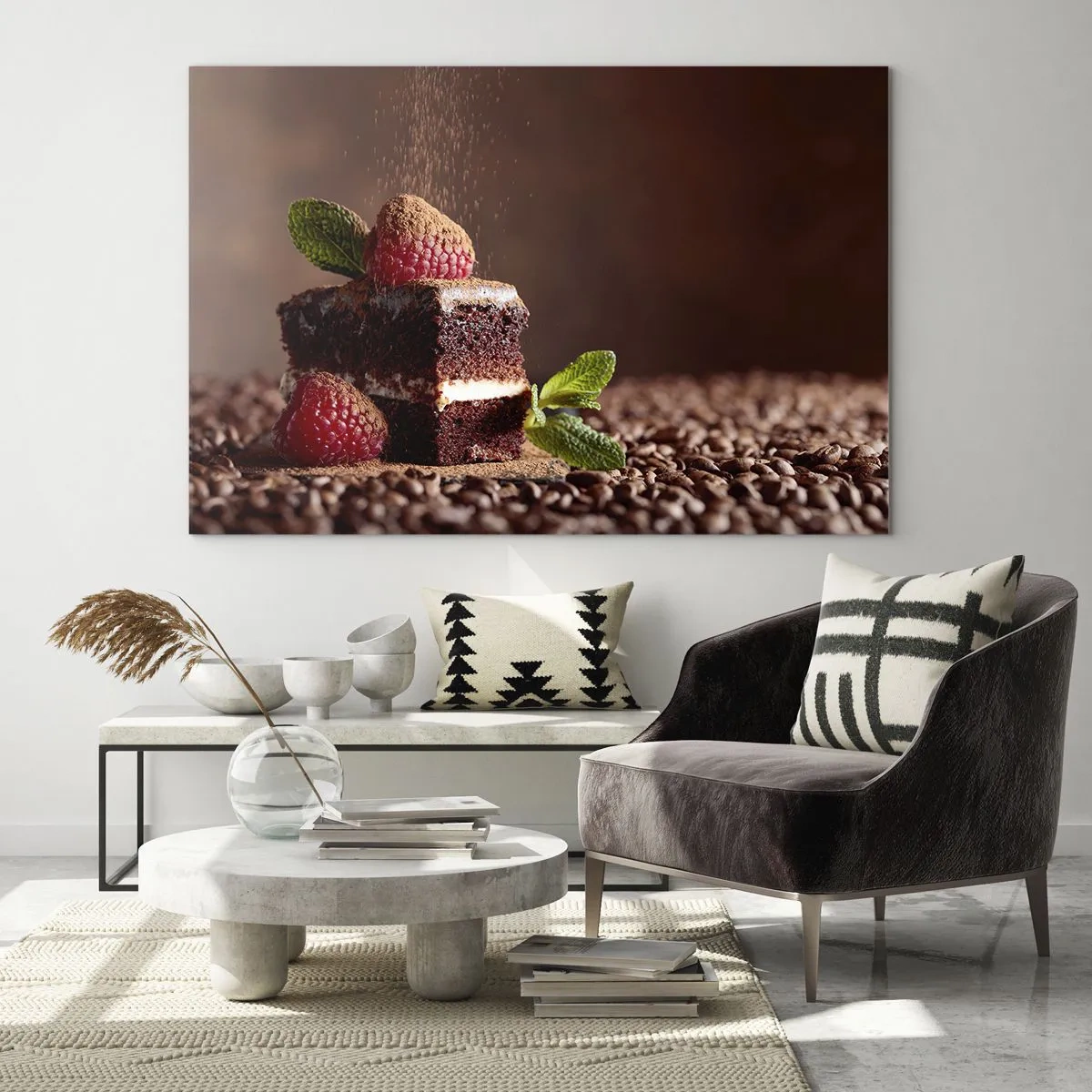Glastavla - Bild på glas - Chokladdessert med hallon och myntablad - 70x50cm - Livet är ljuvt - Modern väggdekoration för vardagsrum och sovrum ARTTOR
