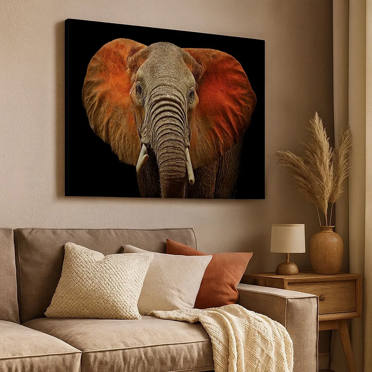 Canvastavla - Bild på duk - Porträtt av en elefant på svart bakgrund - 70x50cm - Jag är vild, och du? - Modern väggdekoration för vardagsrum och sovrum ARTTOR