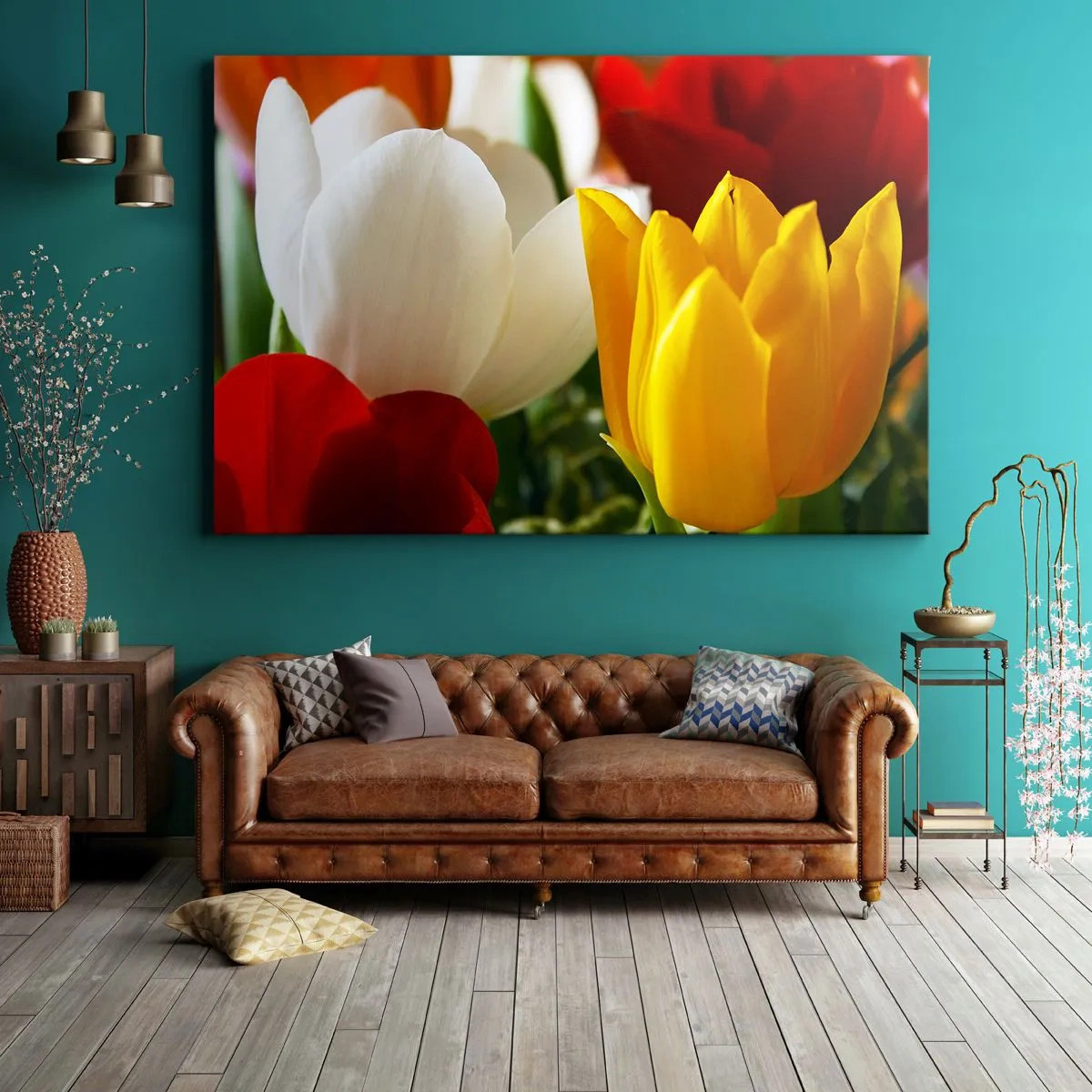 Canvastavla - Bild på duk - Närbild av färgglada tulpaner mot en vårbakgrund - 70x50cm - Tulpanfeber - Modern väggdekoration för vardagsrum och sovrum ARTTOR