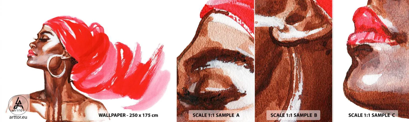 Provbit av självhäftande fototapet Deluxe Sticker - ”Vind som vidgar mannens näsborrar” - Porträtt av en kvinna, Kvinnans ansikte, Abstraktion - 100x30 cm