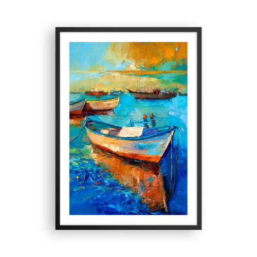 Affisch i svart ram - Färgglada båtar på vattnet i impressionistisk stil - 50x70cm - I en sydlig vik - Modern väggdekoration för vardagsrum och sovrum ARTTOR