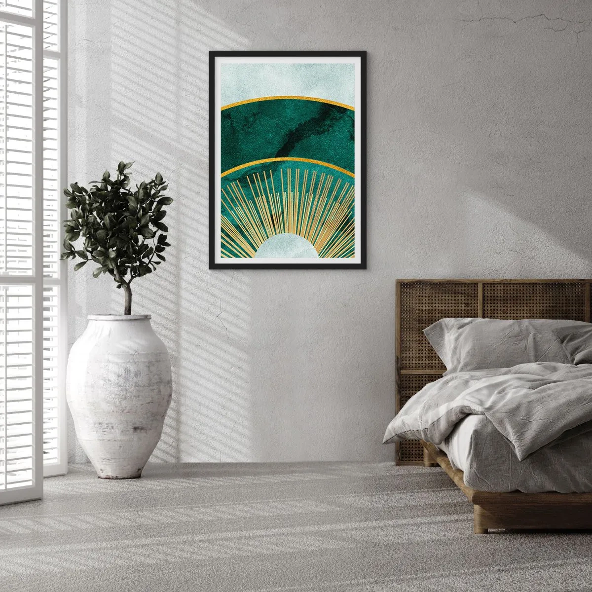 Affisch i svart ram - En elegant geometrisk komposition i nyanser av grönt och guld - 50x70cm - Ett annorlunda solsystem - Modern väggdekoration för vardagsrum och sovrum ARTTOR