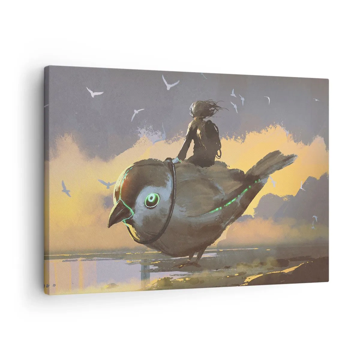 Canvastavla - Bild på duk - Ryttare på en jättefågel i ett surrealistiskt landskap - 70x50cm - Rast under en fantastisk resa - Modern väggdekoration för vardagsrum och sovrum ARTTOR