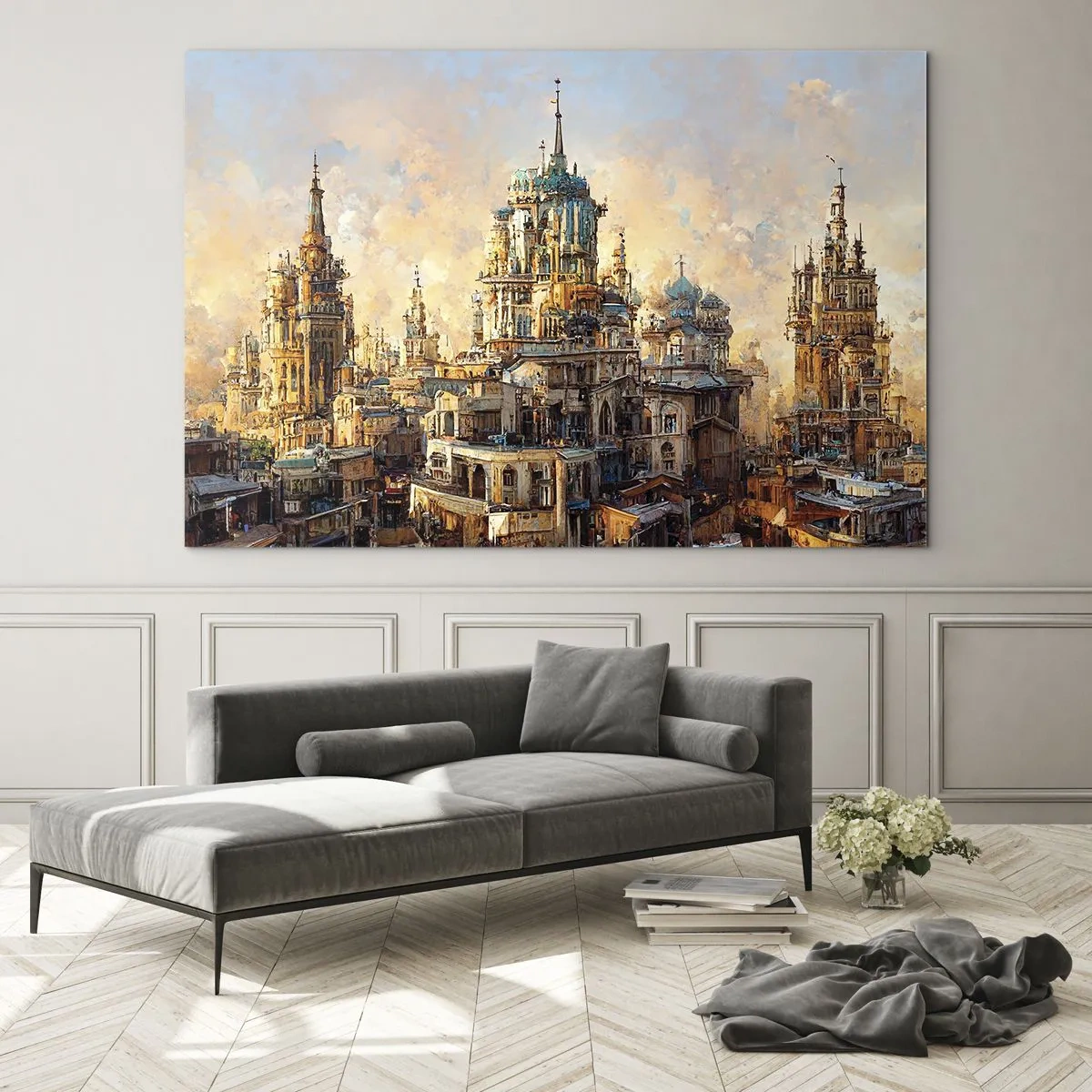 Glastavla - Bild på glas - Ett fantastiskt panorama över staden med torn och palats - 70x50cm - Städernas stad - Modern väggdekoration för vardagsrum och sovrum ARTTOR