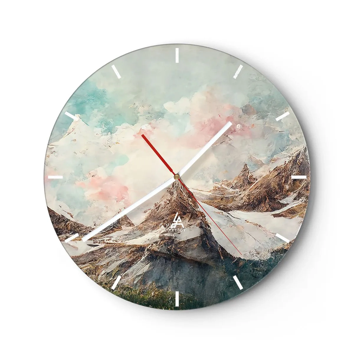 Väggklocka - Klocka på glas - Måleriska bergstoppar i en pastellfärgad molnig himmel - 30x30cm - Steniga blad - Modern väggdekoration för vardagsrum, kök och sovrum ARTTOR