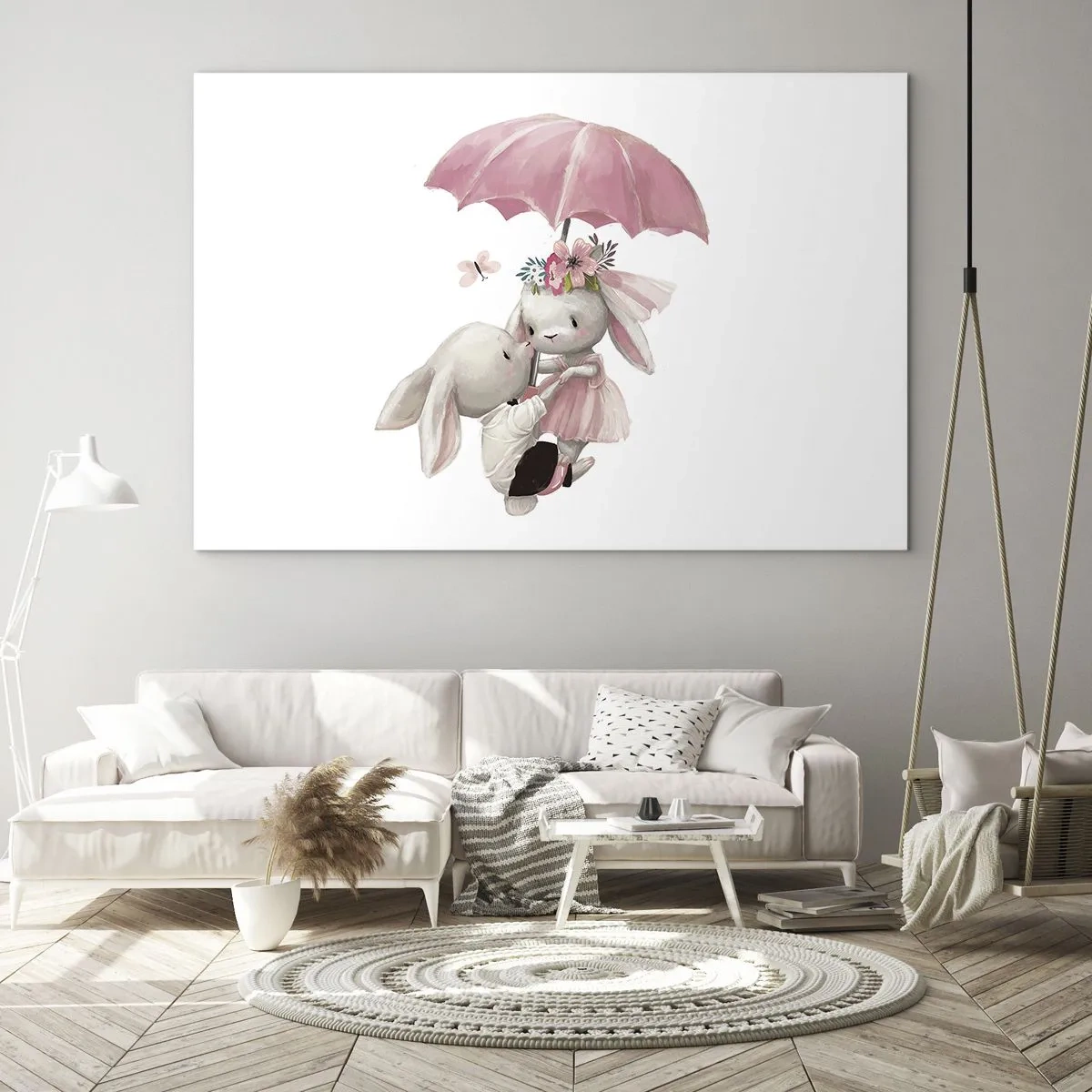 Glastavla - Bild på glas - Två kaniner under ett rosa paraply i en romantisk scen - 70x50cm - Det är just kärlek - Modern väggdekoration för vardagsrum och sovrum ARTTOR