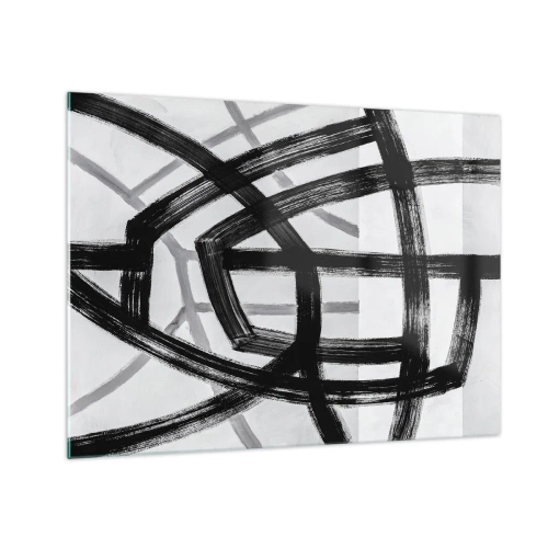 Glastavla - Bild på glas - Svarta och grå penseldrag skapar ett dynamiskt nätverk av linjer. - 70x50cm - Att skapa djupet - Modern väggdekoration för vardagsrum och sovrum ARTTOR
