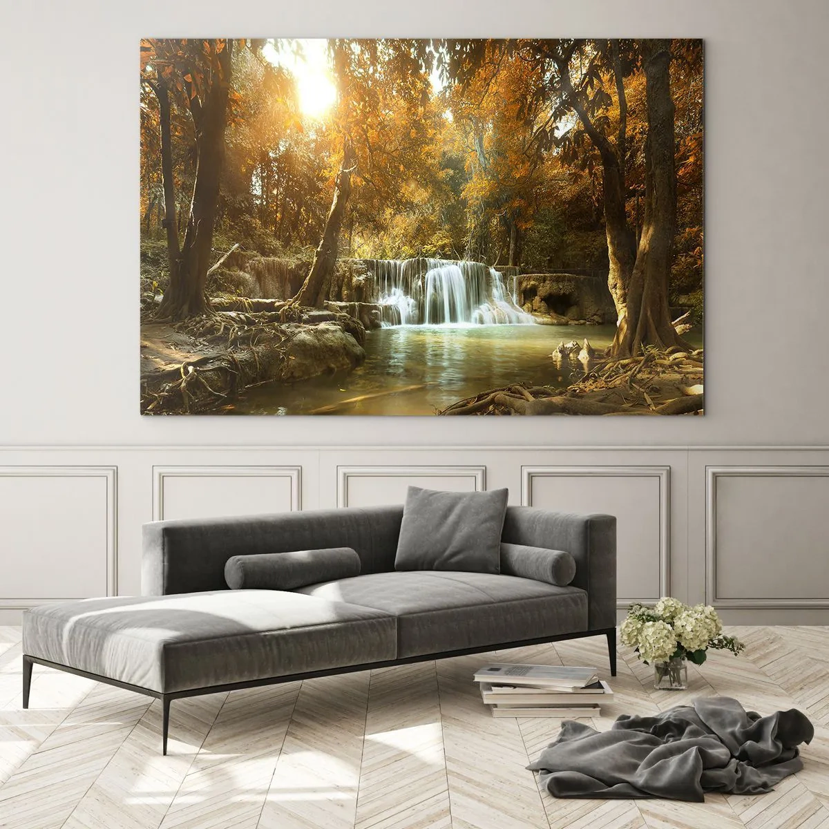 Glastavla - Bild på glas - Ett vattenfall i en park omgiven av träd i höstfärger - 70x50cm - Parkkaskad - Modern väggdekoration för vardagsrum och sovrum ARTTOR