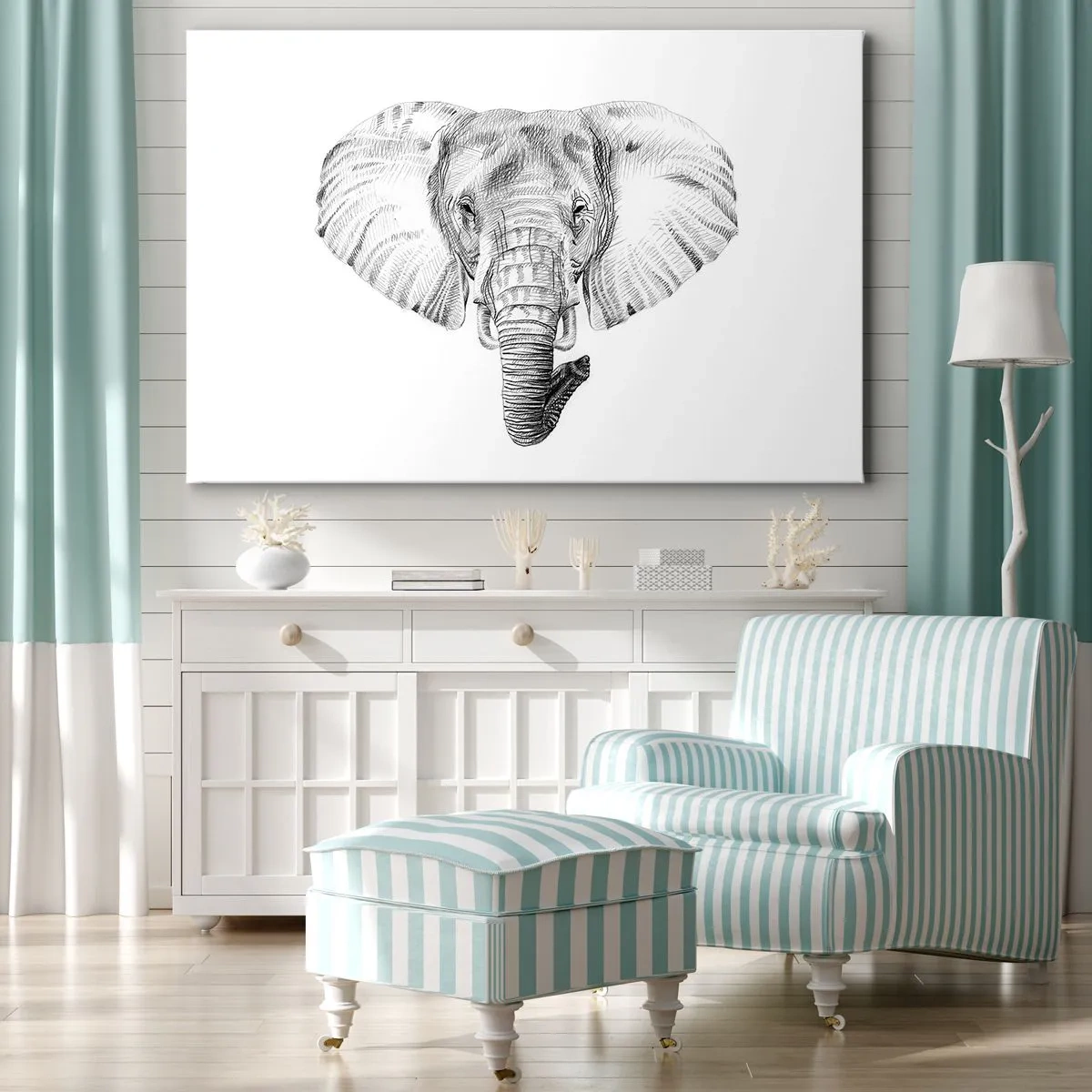 Canvastavla - Bild på duk - Svartvit teckning av ett elefanthuvud mot vit bakgrund - 70x50cm - "Det var en elefant, stor som elefant" - Modern väggdekoration för vardagsrum och sovrum ARTTOR