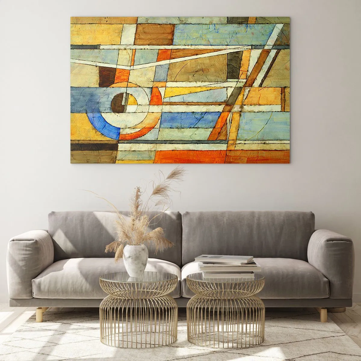 Glastavla - Bild på glas - En abstrakt komposition med geometriska mönster och varma färger. - 70x50cm - Kubismen på bygget - Modern väggdekoration för vardagsrum och sovrum ARTTOR