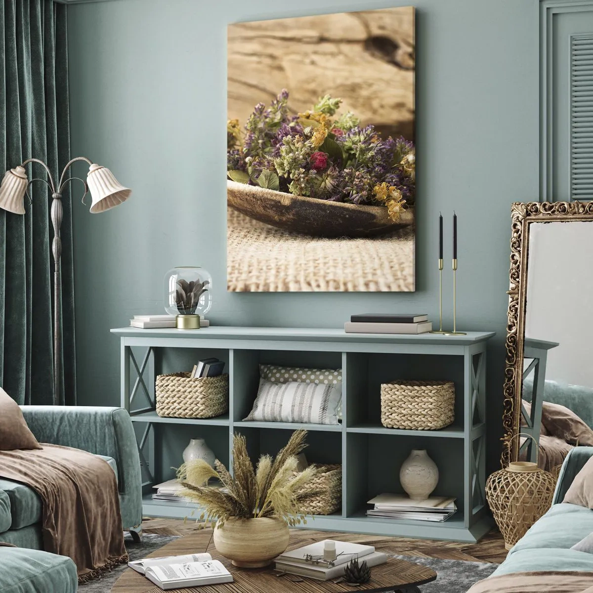 Canvastavla - Bild på duk - Färgglada blommor och doftande örter - 45x80 cm