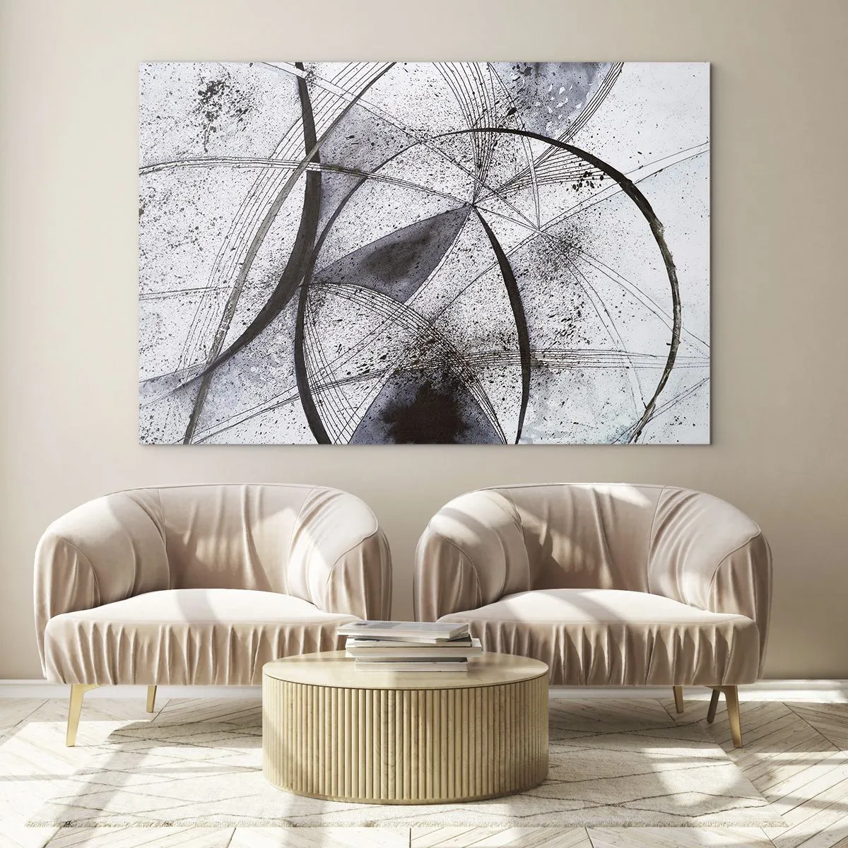 Glastavla - Bild på glas - En svartvit komposition av korsande linjer och geometriska bågar. - 70x50cm - Futuristisk fantasi - Modern väggdekoration för vardagsrum och sovrum ARTTOR