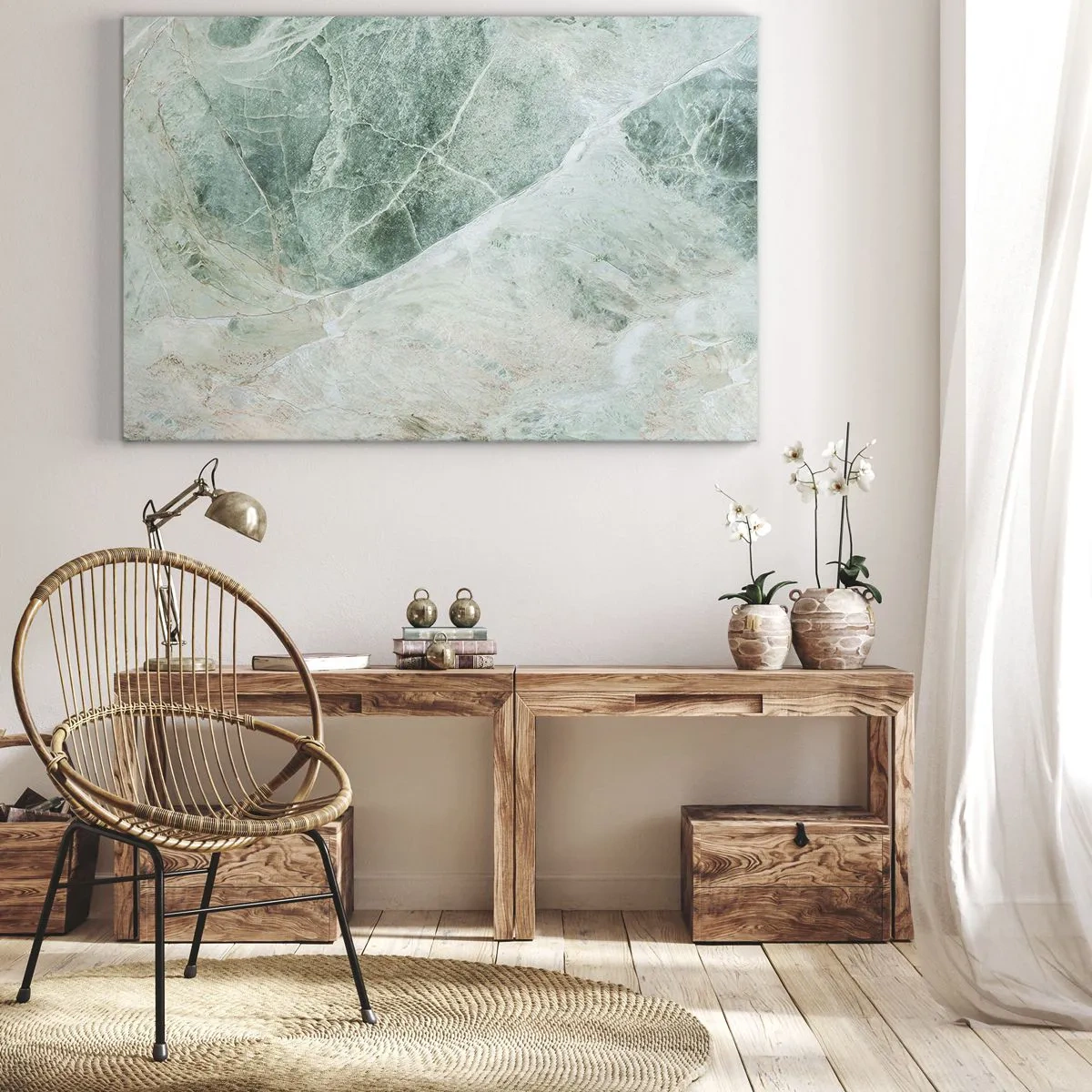 Canvastavla - Bild på duk - Grön marmor med fina vita ådror - 70x50cm - Stenens ädla svalka - Modern väggdekoration för vardagsrum och sovrum ARTTOR