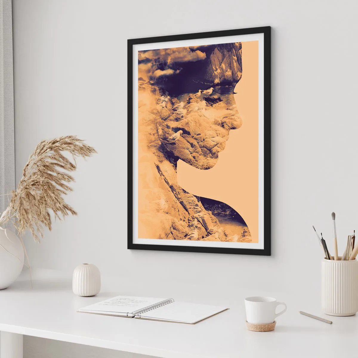 Affisch i svart ram - Porträtt med landskap i dubbelexponeringsstil - 50x70cm - Skön av naturen - Modern väggdekoration för vardagsrum och sovrum ARTTOR