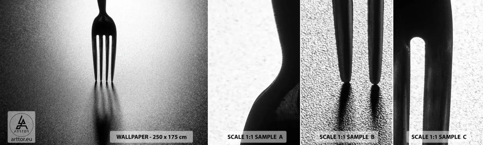 Provbit av självhäftande fototapet Deluxe Sticker - Ljus och skugga - Gaffel, Bestick, Kök - 100x30 cm