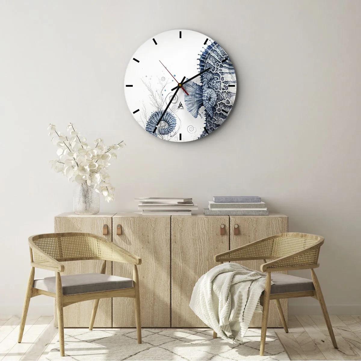 Väggklocka - Klocka på glas - Dekorativ sjöhäst i tecknad stil på en ljus bakgrund - 30x30cm - Ett subtilt skämt från naturen - Modern väggdekoration för vardagsrum, kök och sovrum ARTTOR