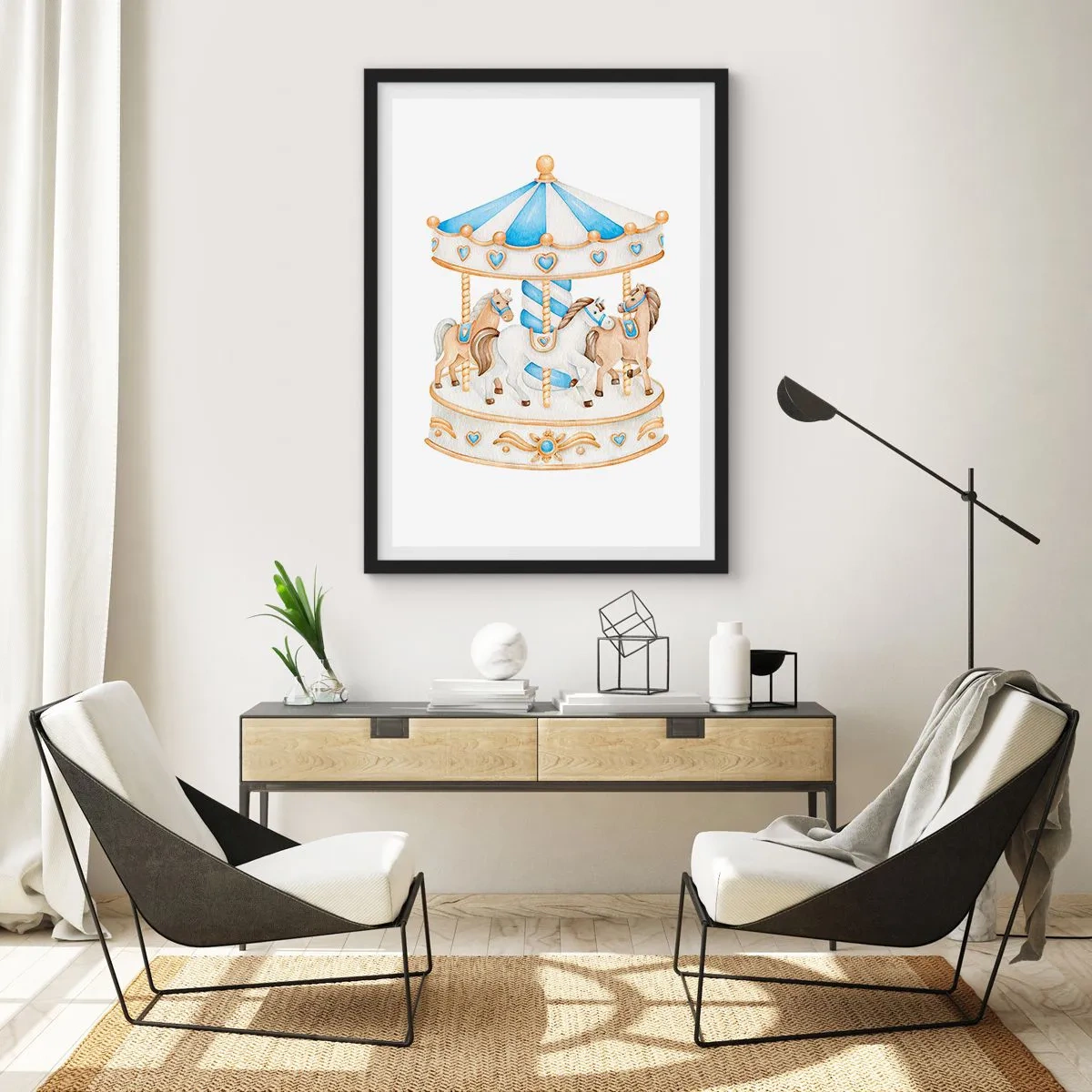 Affisch i svart ram - Akvarellkarusell i pastellnyanser av blått och guld - 50x70cm - En ljuvlig barndom - Modern väggdekoration för vardagsrum och sovrum ARTTOR