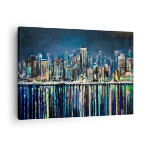Canvastavla - Bild på duk - Panorama över nattstaden reflekterad i vattnet - 70x50cm - Ljuskaskad - Modern väggdekoration för vardagsrum och sovrum ARTTOR