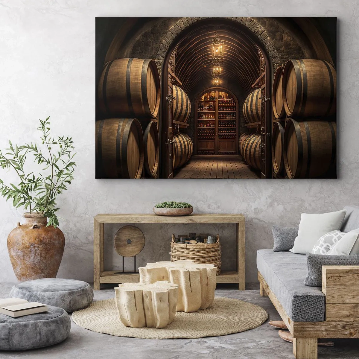 Canvastavla - Bild på duk - Vinkällare med träfat och vinhyllor - 70x50cm - Stämningsfull källare - Modern väggdekoration för vardagsrum och sovrum ARTTOR