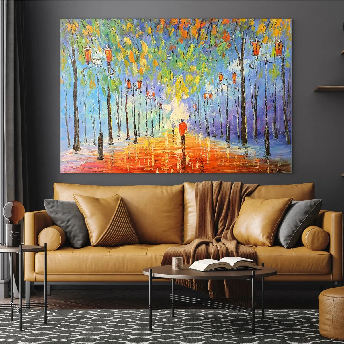 Glastavla - Bild på glas - En färgglad park med en gränd och lyktor i målerisk stil - 70x50cm - Regnets nattvisa - Modern väggdekoration för vardagsrum och sovrum ARTTOR