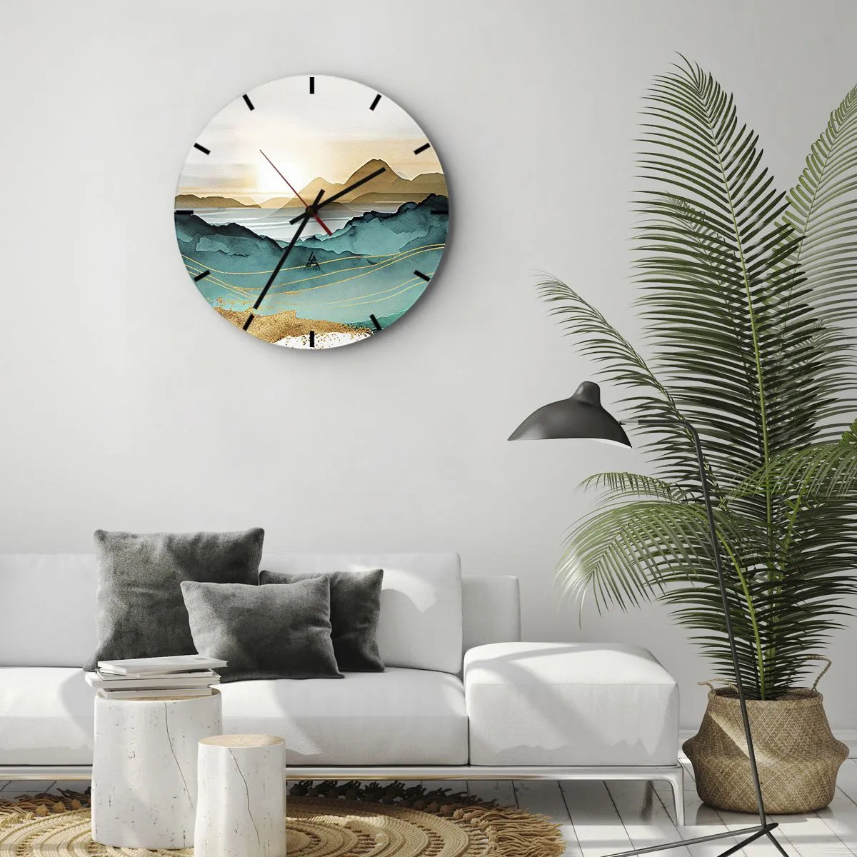 Väggklocka - Klocka på glas - Solnedgång över ett abstrakt bergslandskap - 30x30cm - På gränsen till abstraktion - landskap - Modern väggdekoration för vardagsrum, kök och sovrum ARTTOR