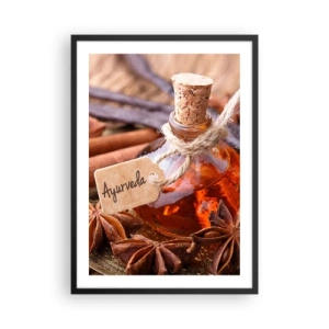 Affisch i svart ram - En flaska ayurvedisk olja och kryddor - 50x70cm - Mot kroppens och själens enighet - Modern väggdekoration för vardagsrum och sovrum ARTTOR