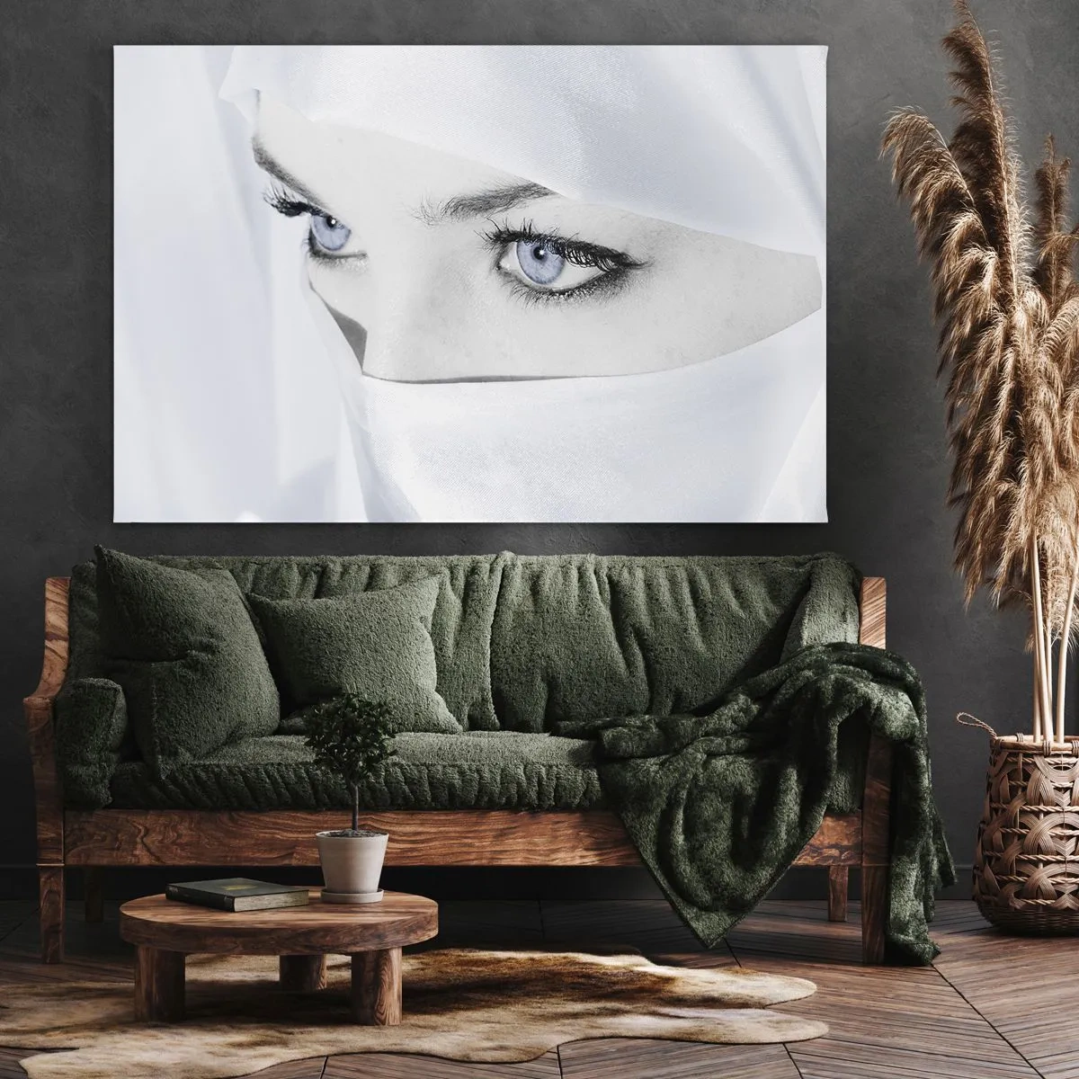 Canvastavla - Bild på duk - Porträtt av en kvinna med blå ögon gömda bakom en vit slöja - 70x50cm - Direkt från 1000 och en natt - Modern väggdekoration för vardagsrum och sovrum ARTTOR