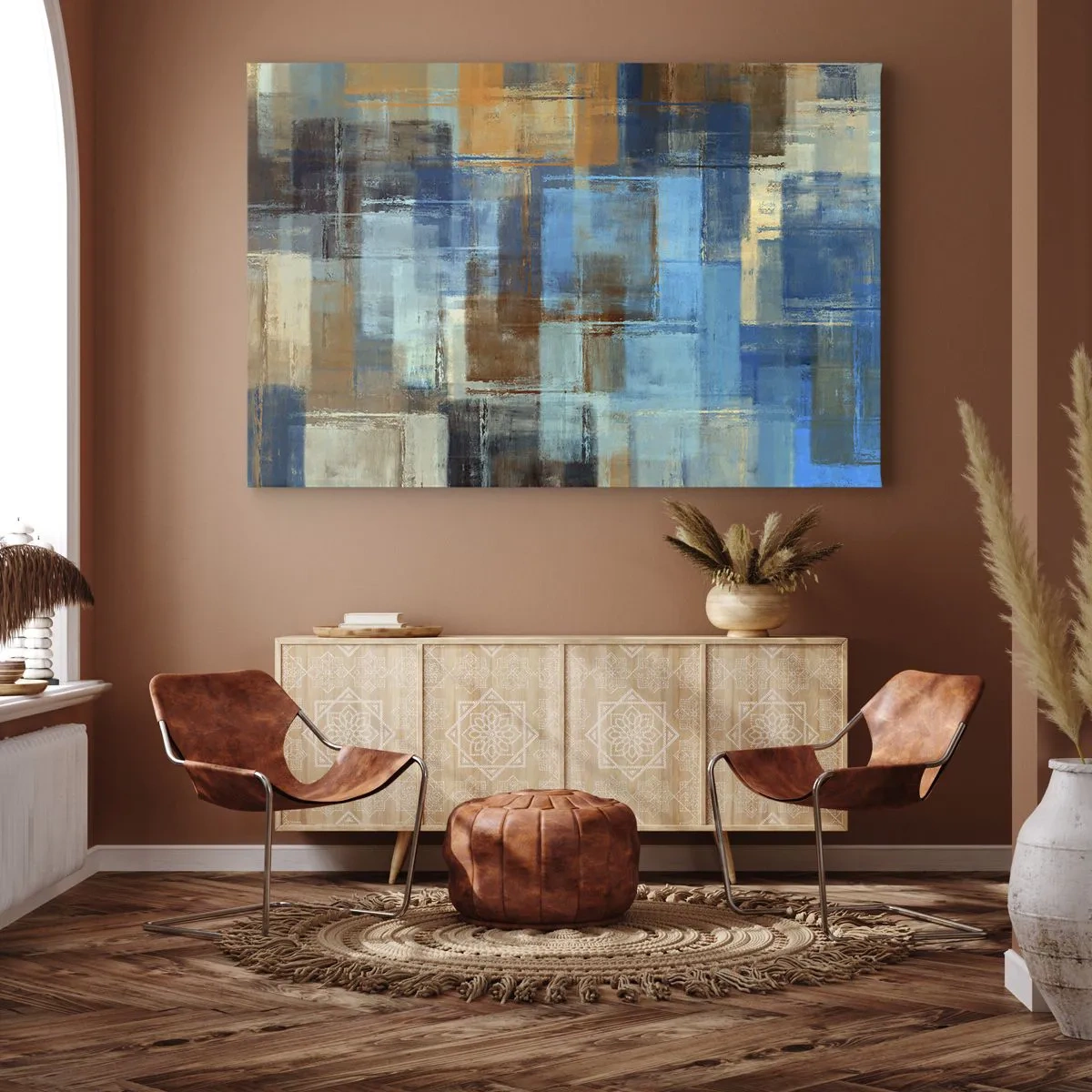 Canvastavla - Bild på duk - Abstrakt geometrisk komposition i nyanser av blått och brunt - 70x50cm - Genom blåa gardinen - Modern väggdekoration för vardagsrum och sovrum ARTTOR