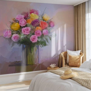 Fototapet Standard Eco - En bukett färgglada rosor i en glasvas - 100x70cm - Stoppad skönhet - Modern väggdekoration för vardagsrum och sovrum ARTTOR