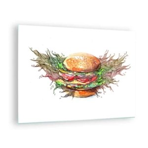 Glastavla - Bild på glas - Konstnärlig teckning av en hamburgare med akvarelldetaljer - 70x50cm - Het frestelse - Modern väggdekoration för vardagsrum och sovrum ARTTOR