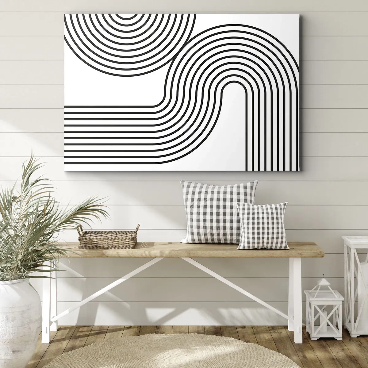 Canvastavla - Bild på duk - En abstrakt målning med svarta linjer som skapar geometriska mönster mot en vit bakgrund. - 70x50cm - På en kurva - Modern väggdekoration för vardagsrum och sovrum ARTTOR