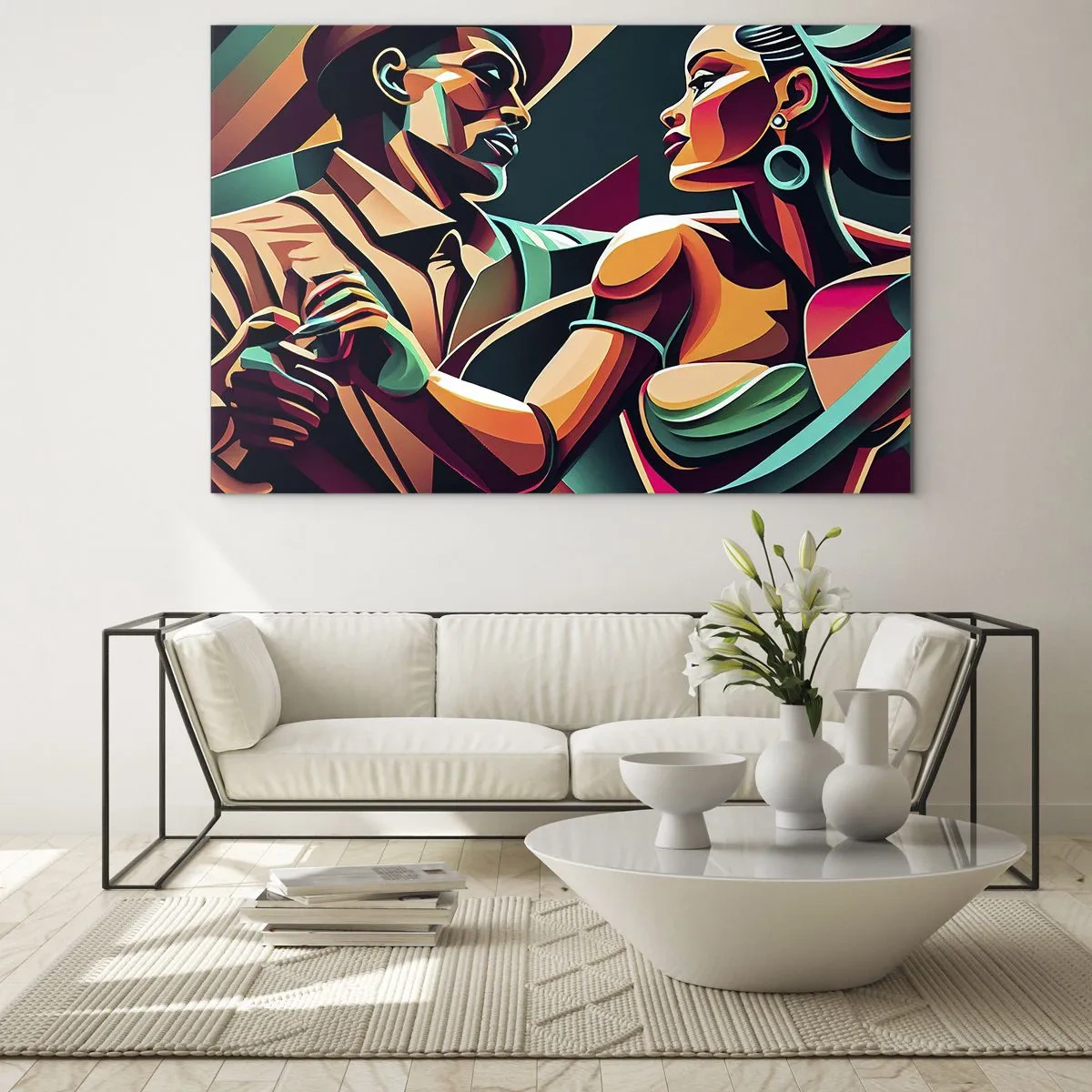 Glastavla - Bild på glas - Ett färgstarkt par som dansar i art déco-stil med dynamiskt uttryck. - 70x50cm - I hjärtats rytm - Modern väggdekoration för vardagsrum och sovrum ARTTOR