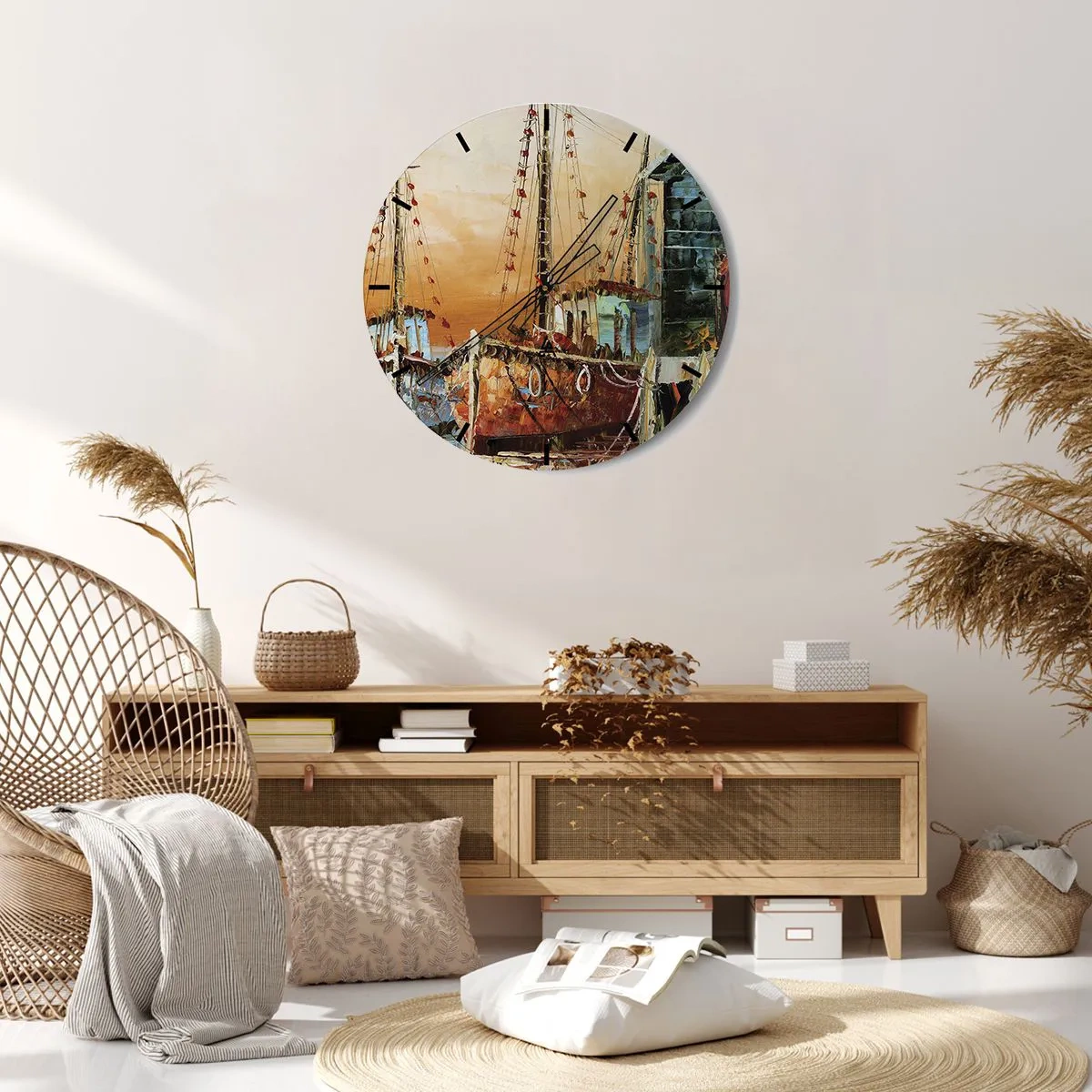 Väggklocka - Klocka på glas - Bild av segelfartyg i en pittoresk hamn vid solnedgången - 30x30cm - Lugn hemresa - Modern väggdekoration för vardagsrum, kök och sovrum ARTTOR
