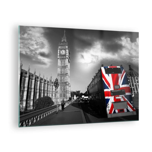 Glastavla - Bild på glas - Big Ben och en buss med en brittisk flagga - 70x50cm - Stolt och stor - Modern väggdekoration för vardagsrum och sovrum ARTTOR