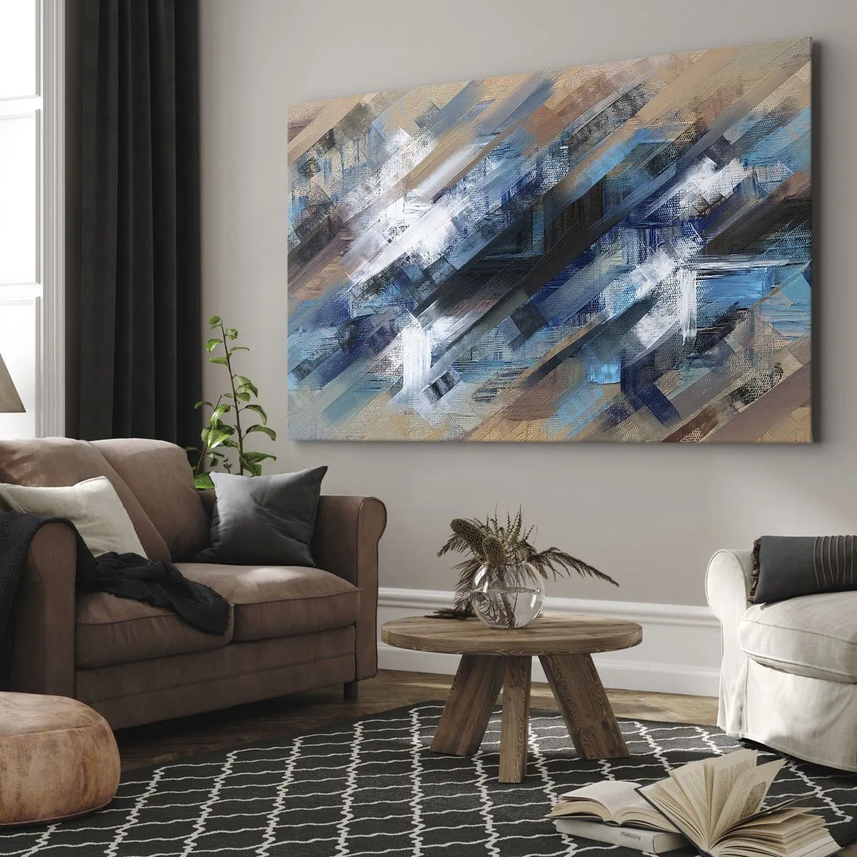Canvastavla - Bild på duk - Abstrakt komposition med blå diagonala linjer - 70x50cm - På en blå sluttning - Modern väggdekoration för vardagsrum och sovrum ARTTOR